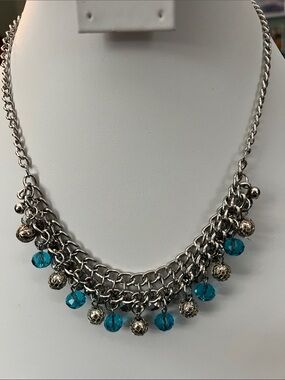 PaparazziSilver Chain Necklace with Teal Crystal and Bead Charms - Women Jewelry